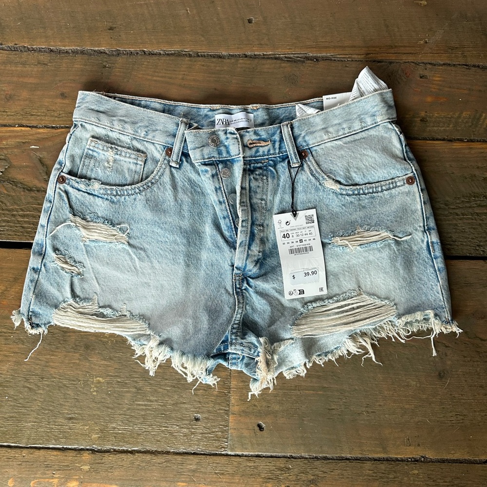 Zara Blue Jean Shorts Distressed Raw-Edge